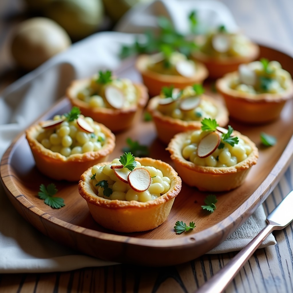 Tartaletas veganas de alcachofa y tofu ahumado en bandeja rústica, con base dorada y relleno cremoso, decoradas con perejil fresco y almendras fileteadas.
