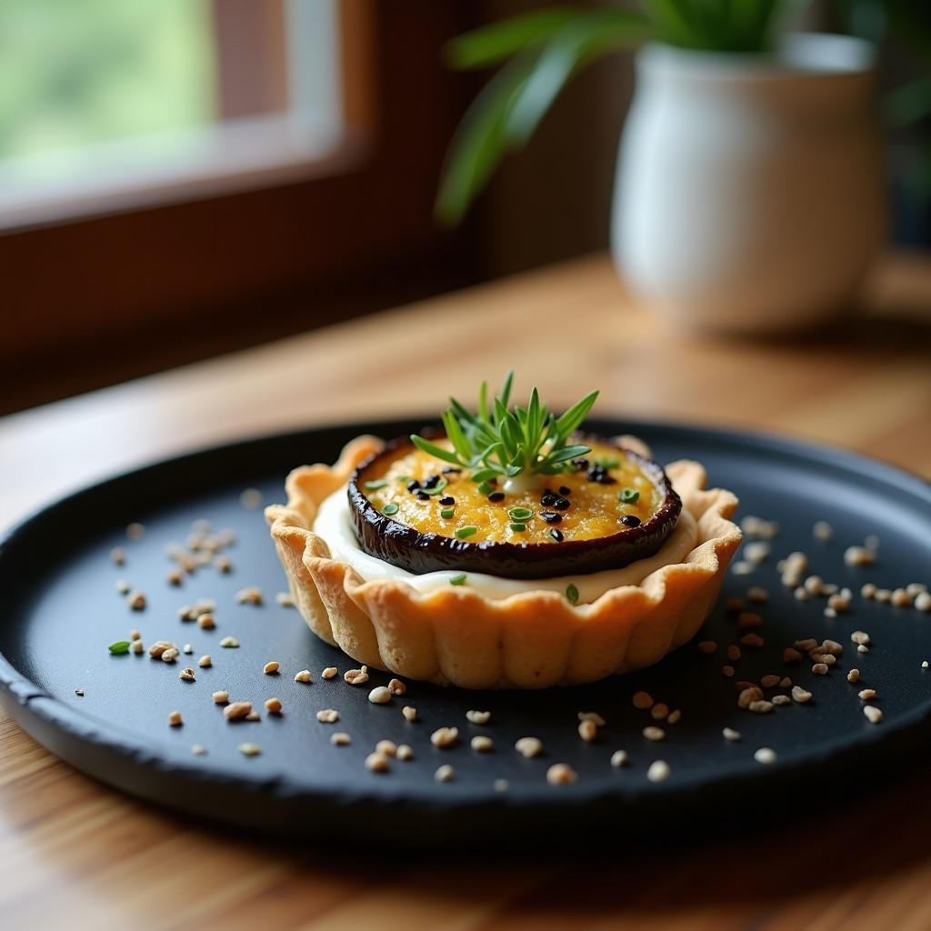 Tartaleta vegana sin horno con base crujiente de semillas de girasol y lino, rellena de crema de miso blanco y berenjena ahumada, decorada con semillas de sésamo negro y cebollino fresco.