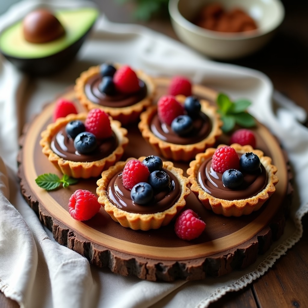 Tartaletas veganas de cacao y aguacate en moldes individuales, con base de almendra y relleno cremoso oscuro, decoradas con frutos rojos frescos sobre un plato de madera rústico.