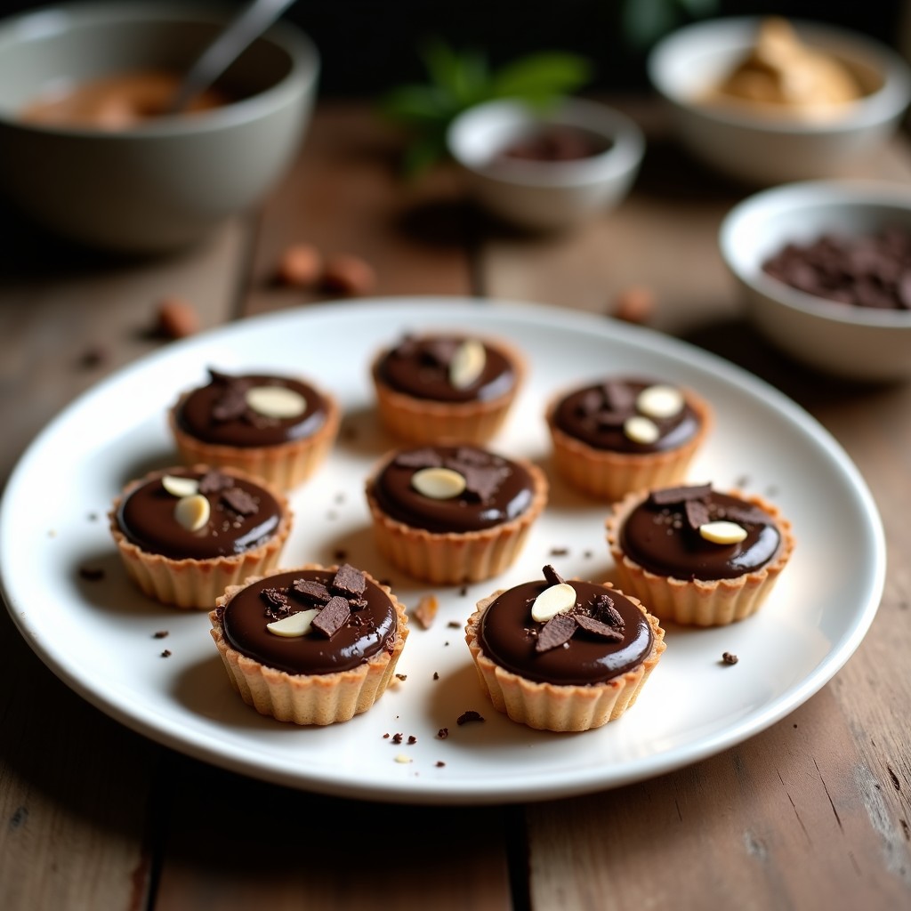 Tartaletas veganas de cacao y almendra sin horno, servidas en plato blanco con decoración de almendras fileteadas y virutas de chocolate negro.