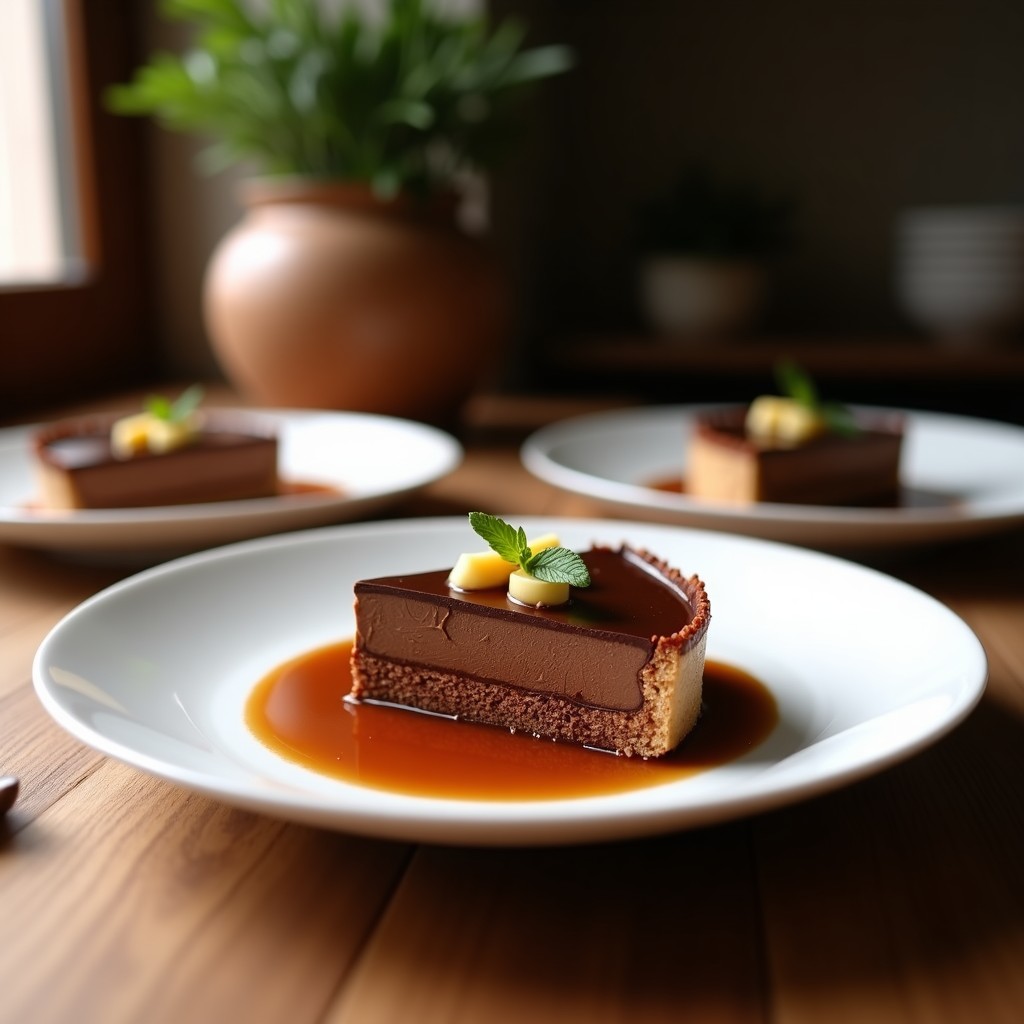 Tartaleta vegana de cacao y avellana sin horno, con base crujiente de avellanas y dátiles, rellena de crema de cacao y decorada con coco rallado, sobre plato negro rústico.