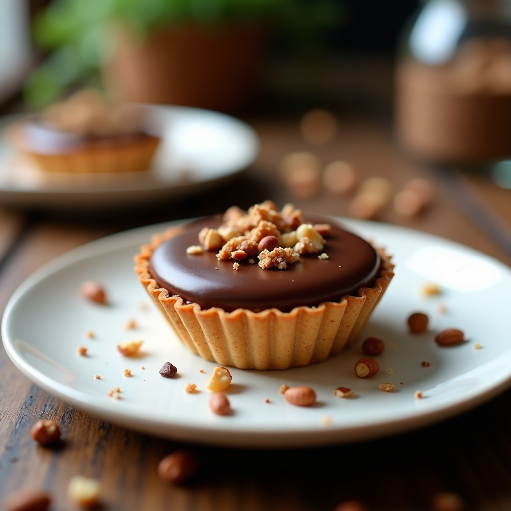 Tartaleta vegana de cacao y avellanas sin horno, con base crujiente de avellanas y relleno cremoso de cacao, decorada con avellanas picadas y servida en molde individual sobre fondo rústico.