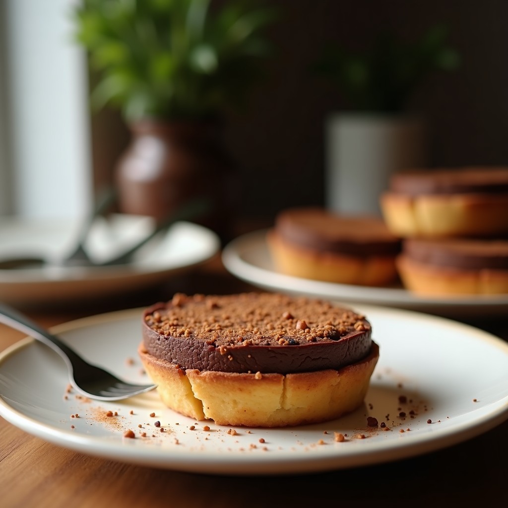 Tartaletas veganas de cacao y avena sin horno, con base crujiente de avena y dátiles, rellenas de crema de cacao vegana brillante, decoradas con cacao en polvo sobre fondo rústico de madera.