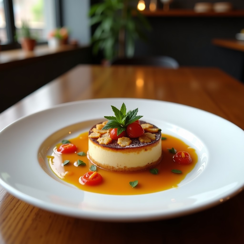 Tartaleta vegana de café moka en molde individual, con base de avellanas y dátiles, rellena de crema de cacao y café, decorada con virutas de cacao puro y avellanas picadas sobre fondo rústico de madera.