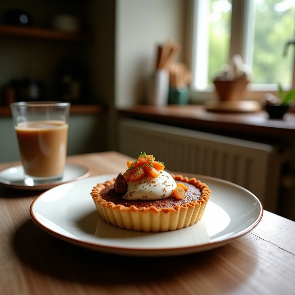 Tartaleta vegana de café moka sin horno, con base crujiente de nueces y dátiles, rellena de crema sedosa de café y cacao, decorada con coco rallado sobre un plato blanco rústico.