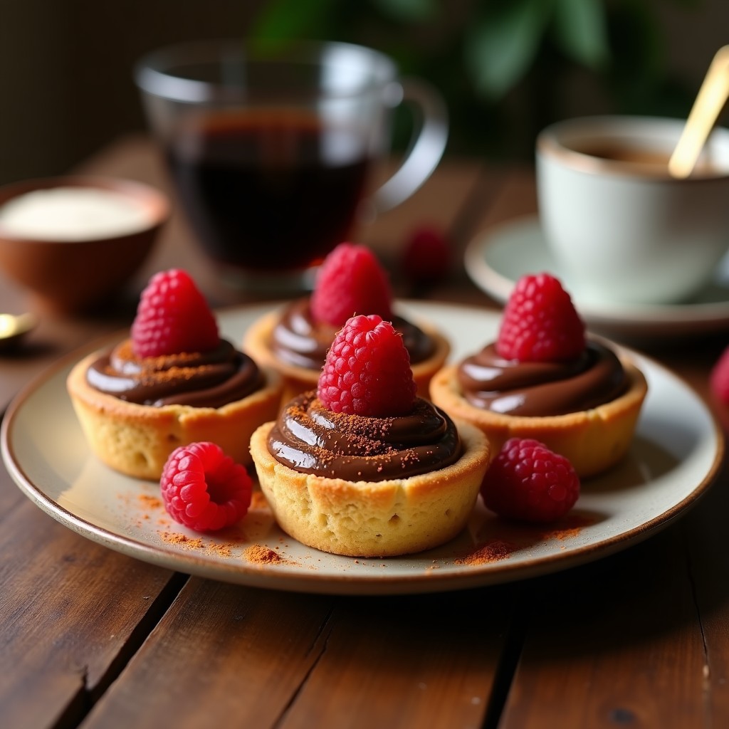 Tartaletas veganas de café mole en aire fryer, base dorada de galletas de almendra con crema sedosa de anacardos y café mole, decoradas con frambuesas frescas y un toque de chile en polvo.