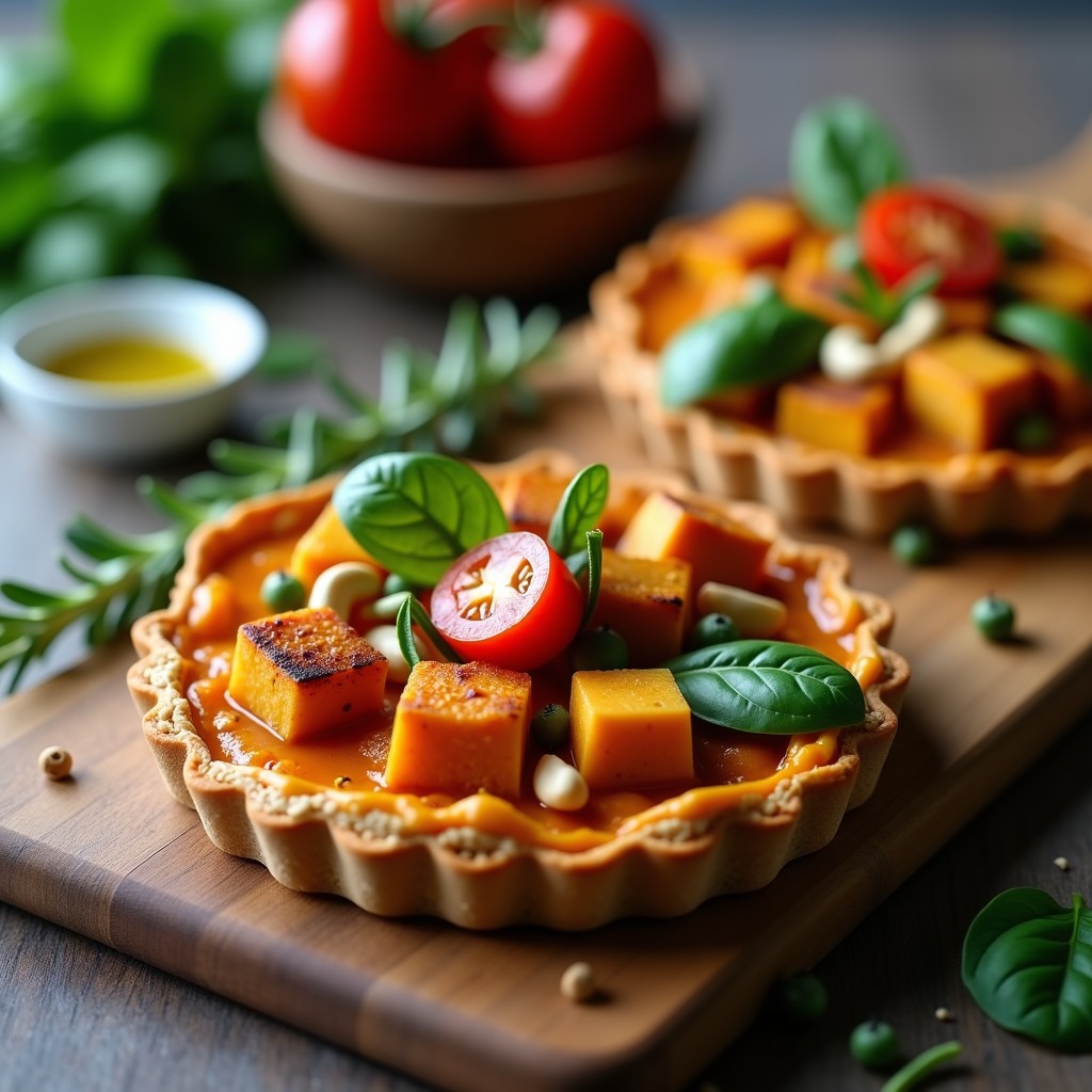 Tartaleta vegana en molde individual con base dorada de semillas, rellena de calabaza ahumada, tofu marinado y decorada con tomates cherry y anacardos.