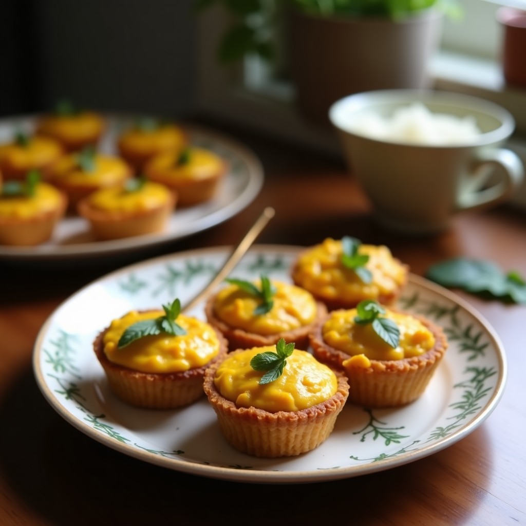Tartaletas veganas de calabaza y curry de coco en moldes de silicona, con base dorada de avena y semillas, rellenas de crema naranja de curry y decoradas con cilantro fresco.