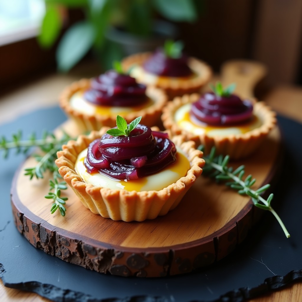 Tartaleta vegana gourmet con base crujiente de nueces y dátiles, rellena de crema de tofu y cebolla caramelizada, decorada con aceite de trufa negra.
