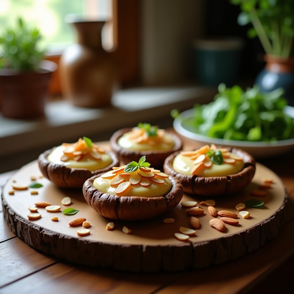 Tartaletas veganas de champiñón portobello rellenas de crema de anacardos y trufa, gratinadas en airfryer con almendras fileteadas doradas y un hilo de aceite de trufa negra.