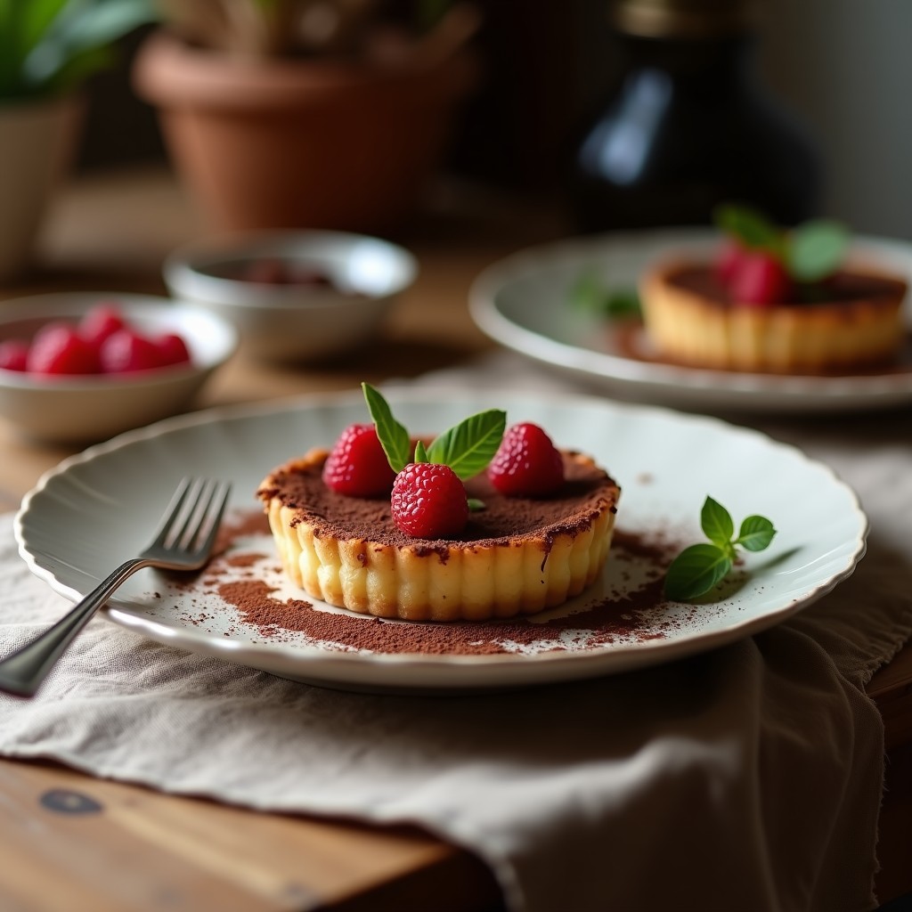 Tartaletas veganas de chocolate y avellanas en moldes individuales, base dorada crujiente con relleno de chocolate negro brillante y decoración de avellanas picadas.