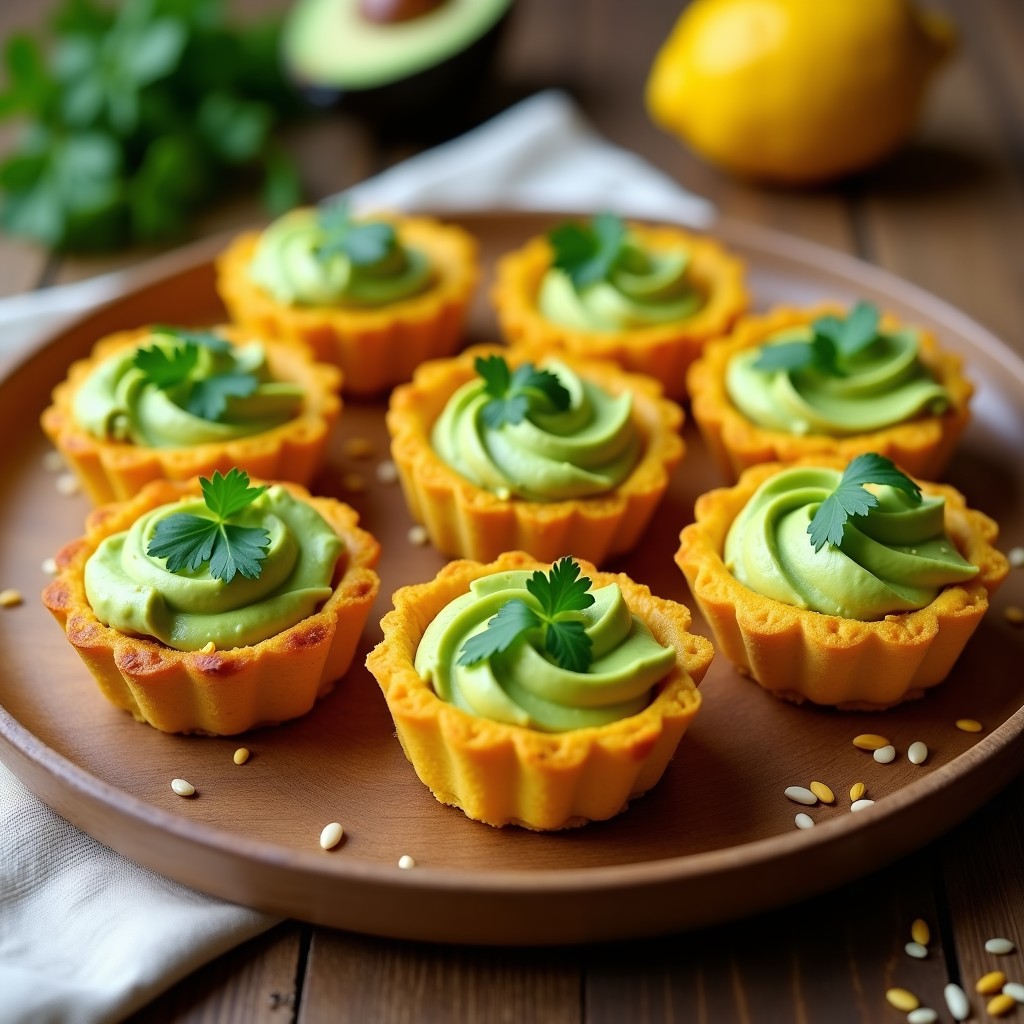 Tartaletas veganas doradas de cúrcuma y coliflor con relleno cremoso de aguacate, decoradas con cilantro fresco sobre un plato de madera rústico.