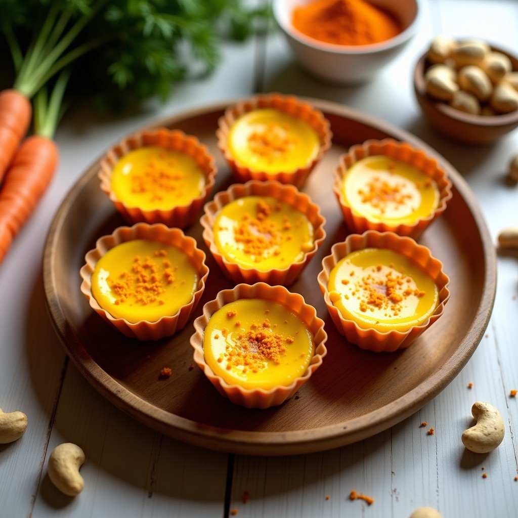 Tartaletas veganas de cúrcuma y zanahoria en moldes individuales, con textura cremosa y decoradas con coco rallado, sobre un plato de madera rústico.