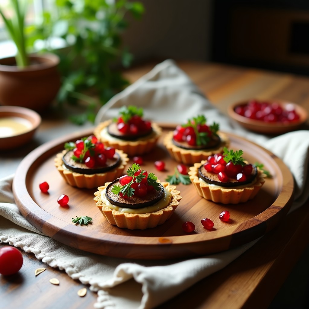 Tartaletas veganas de hummus y berenjena ahumada sobre plato de madera, con base dorada de avena y semillas, rellenas de crema de hummus, rodajas de berenjena asada y decoradas con granada y perejil.