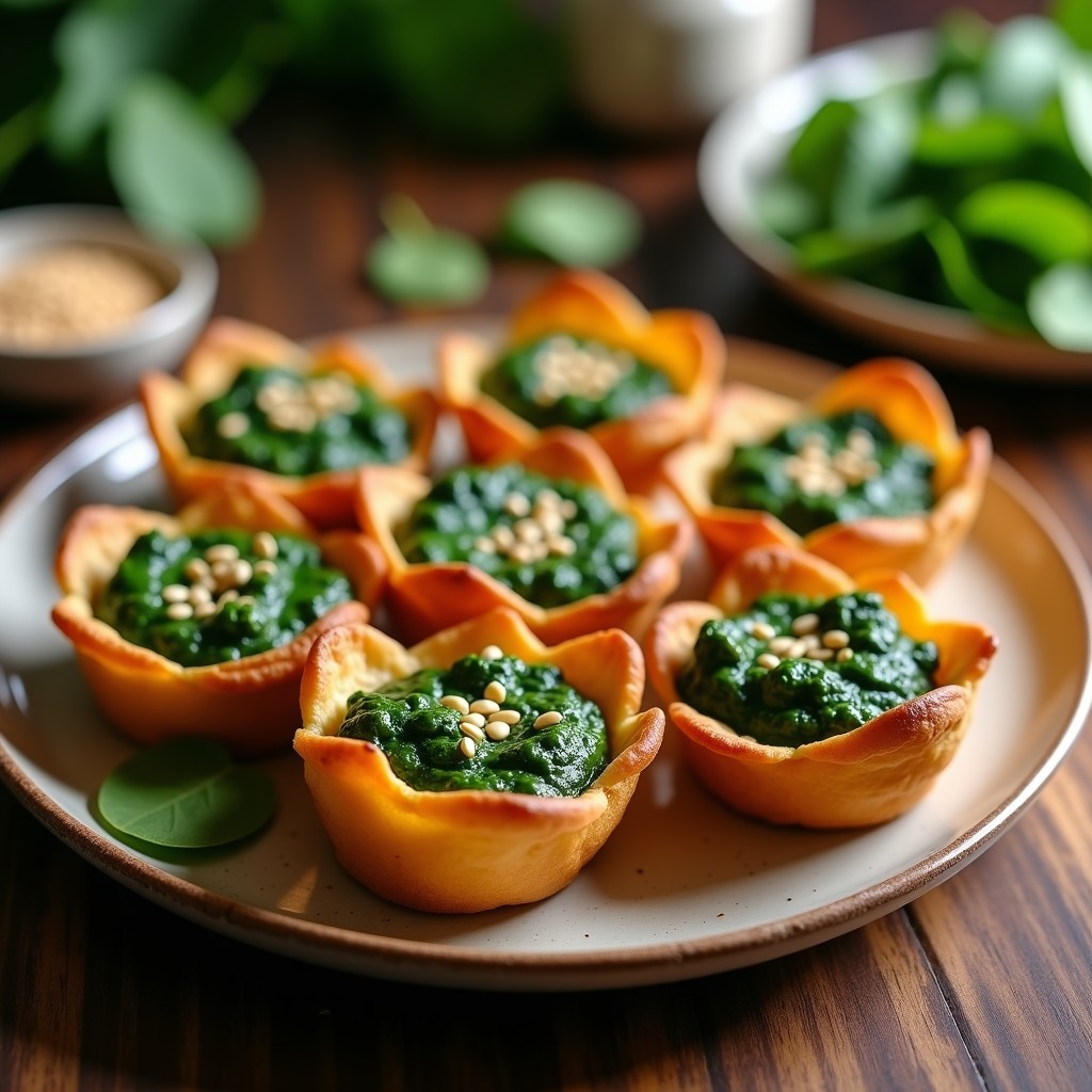 Tartaletas veganas doradas en moldes individuales, rellenas de espinacas verdes y tofu ahumado desmenuzado, espolvoreadas con semillas de sésamo, sobre una mesa de madera rústica.