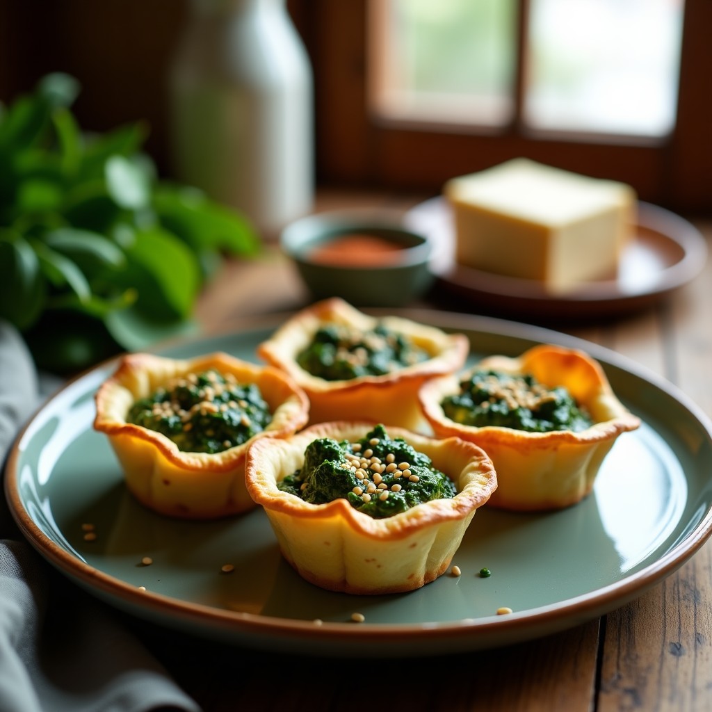 Tartaletas veganas doradas en molde de silicona, rellenas de mezcla verde de espinaca y tofu, con semillas de sésamo en la superficie, receta crujiente de airfryer.