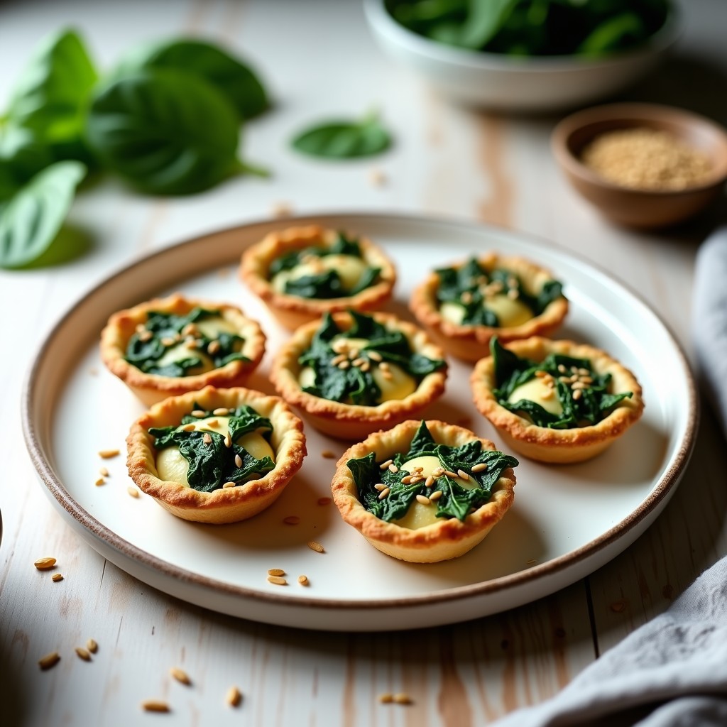 Tartaletas veganas doradas con relleno verde de espinaca y tofu, espolvoreadas de semillas de sésamo, servidas en plato blanco sobre fondo rústico.