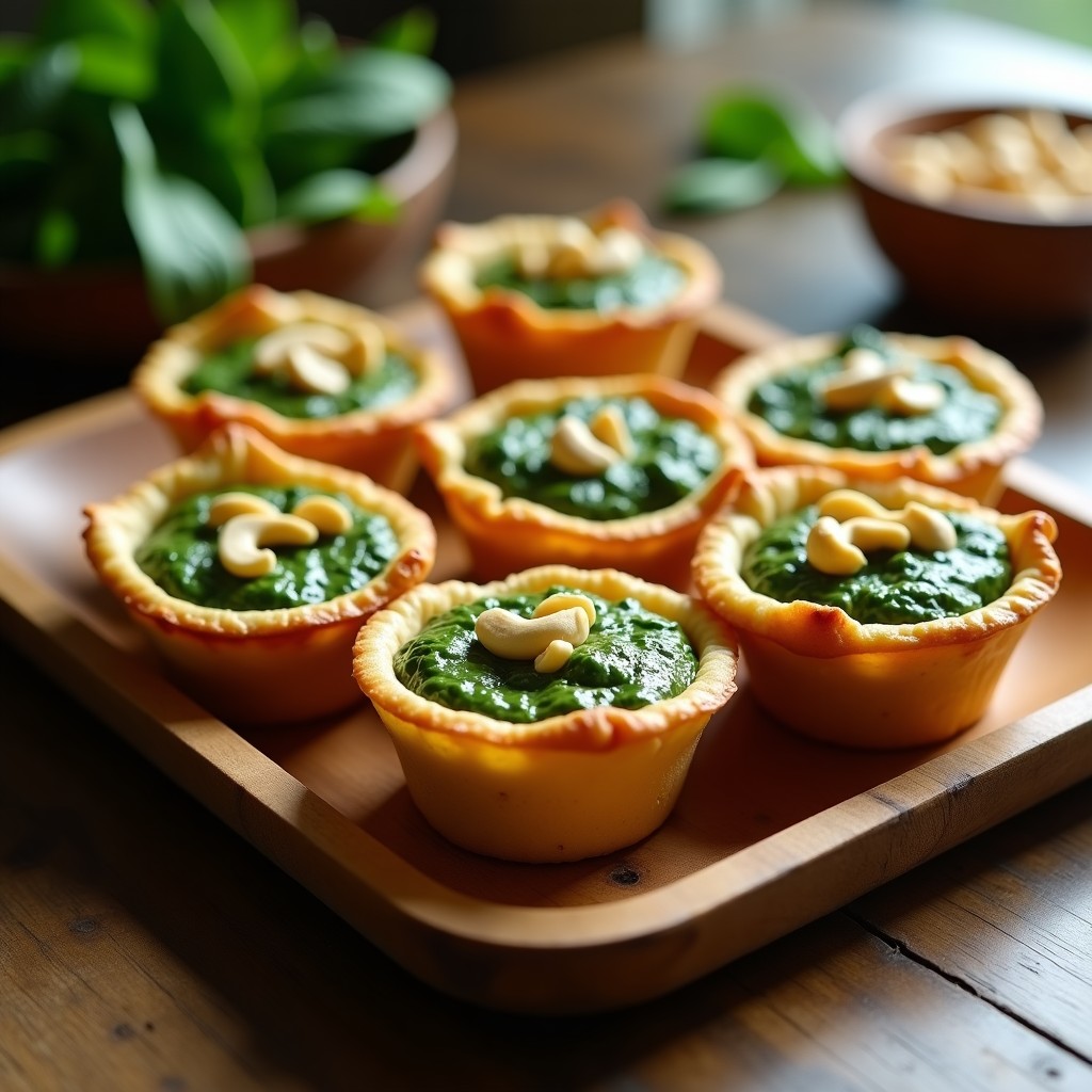 Tartaletas veganas de espinacas y tofu sedoso en molde individual, con base dorada y relleno cremoso verde, decoradas con anacardos troceados, servidas en bandeja de madera rústica.