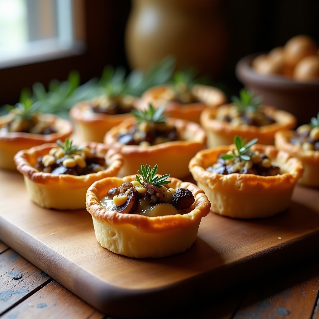 Tartaletas veganas gourmet con relleno de hongos ostra salteados y trufa negra, sobre base crujiente de masa brisa, decoradas con anacardos tostados.