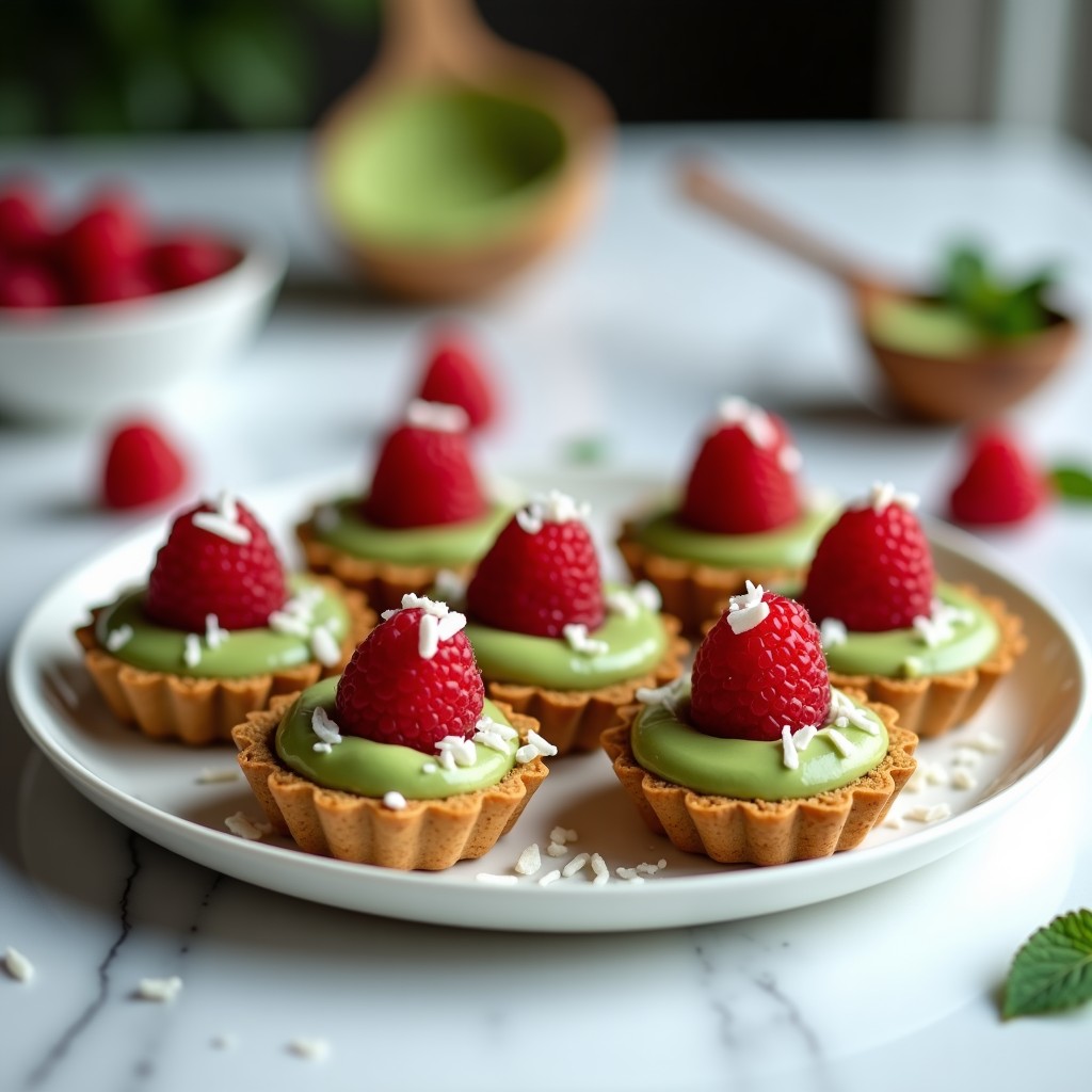 Tartaleta vegana sin horno con base de nueces y dátiles, rellena de crema verde de matcha y decorada con frambuesas frescas y coco rallado.
