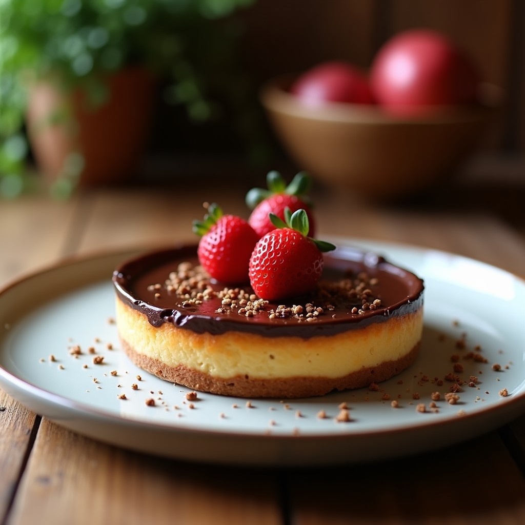 Tartaletas veganas de remolacha y chocolate en moldes dorados, con base crujiente de almendras y relleno cremoso de chocolate negro, decoradas con frambuesas frescas y espolvoreadas con cacao en polvo.