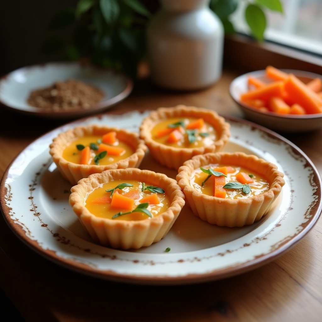 Tartaletas veganas de zanahoria y coco horneadas, doradas y esponjosas, con trocitos de nuez visibles, servidas en molde de metal sobre fondo rústico de madera.