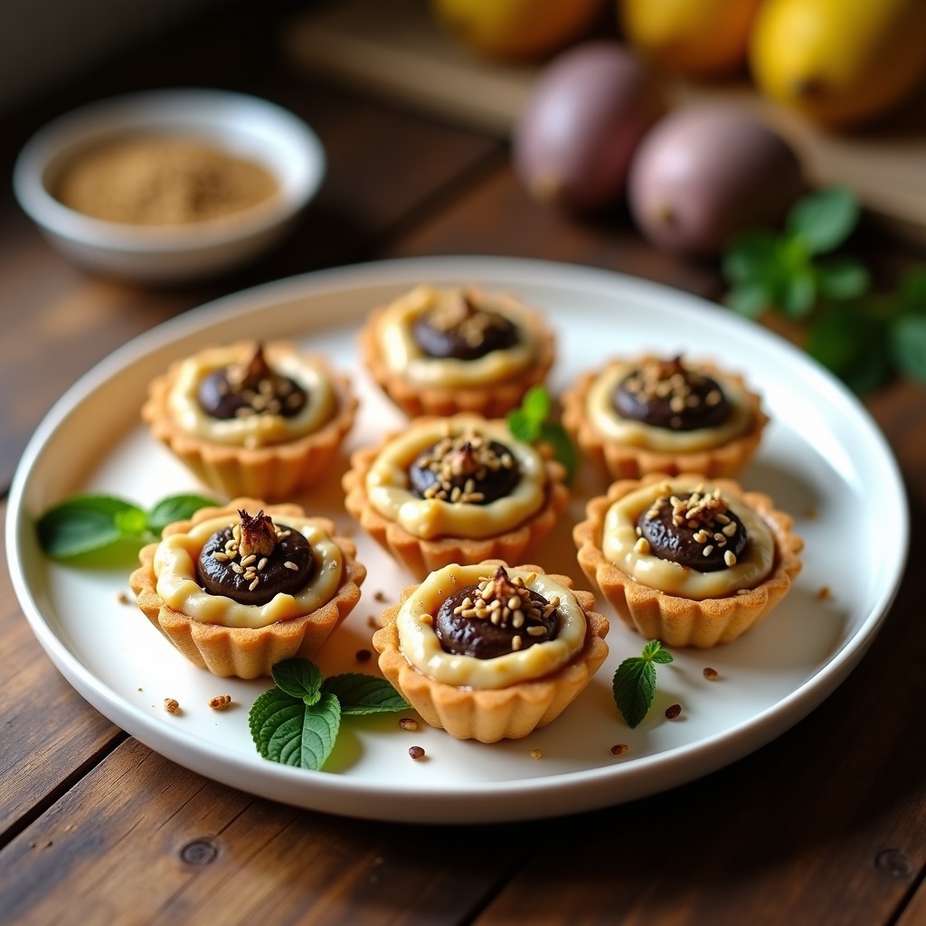 Tartaletas doradas de harina de garbanzo rellenas de crema de berenjena ahumada, yogur y zaatar, decoradas con semillas de sésamo y limón confitado.