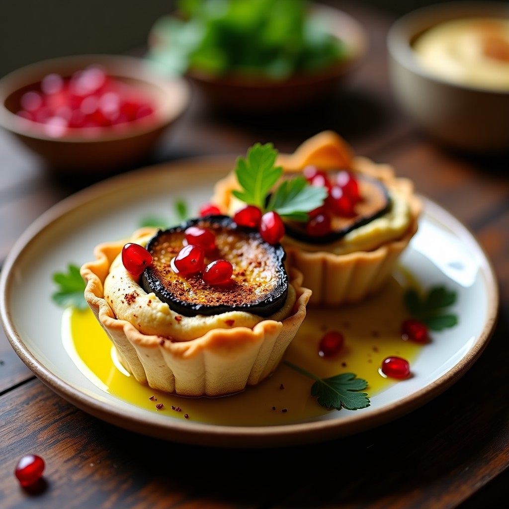 Tartaleta crujiente rellena de hummus cremoso, berenjena asada con zaatar, semillas de granada y perejil fresco, receta árabe sin horno.