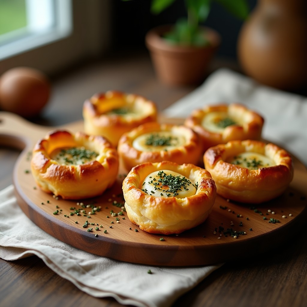 Tartaletas doradas de hojaldre sin gluten rellenas de cubos de queso halloumi gratinado y espolvoreadas con zaatar y semillas de sésamo, sobre una bandeja de madera rústica.