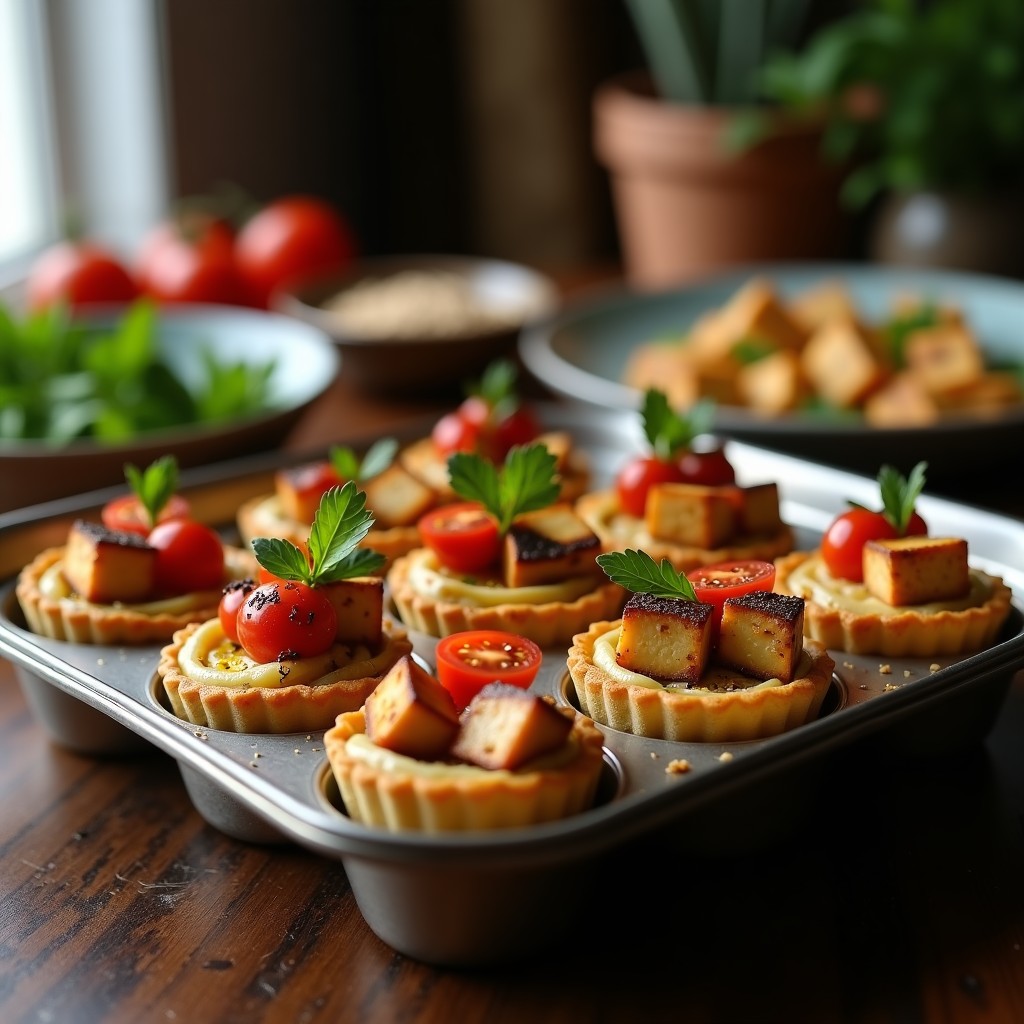 Tartaletas doradas en moldes metálicos con base de hojaldre crujiente, rellenas de hummus cremoso, tofu ahumado en cubos y tomates cherry, espolvoreadas con zaatar y perejil fresco. Receta de tartaletas de zaatar y tofu ahumado en airfryer.