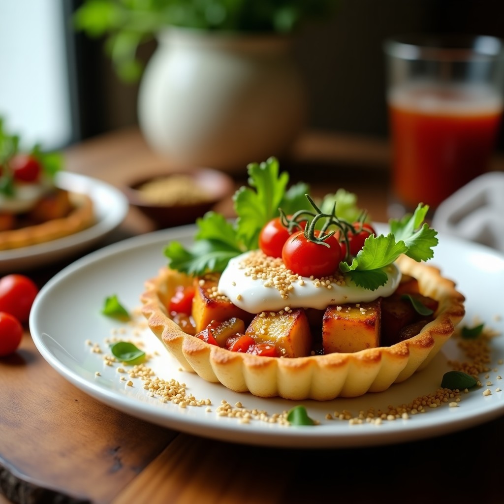 Tartaleta dorada de hojaldre vegano rellena de tofu ahumado y cebolla morada, coronada con salsa cremosa de yogur y tomate cherry, espolvoreada con zaatar y hojas de lechuga romana.