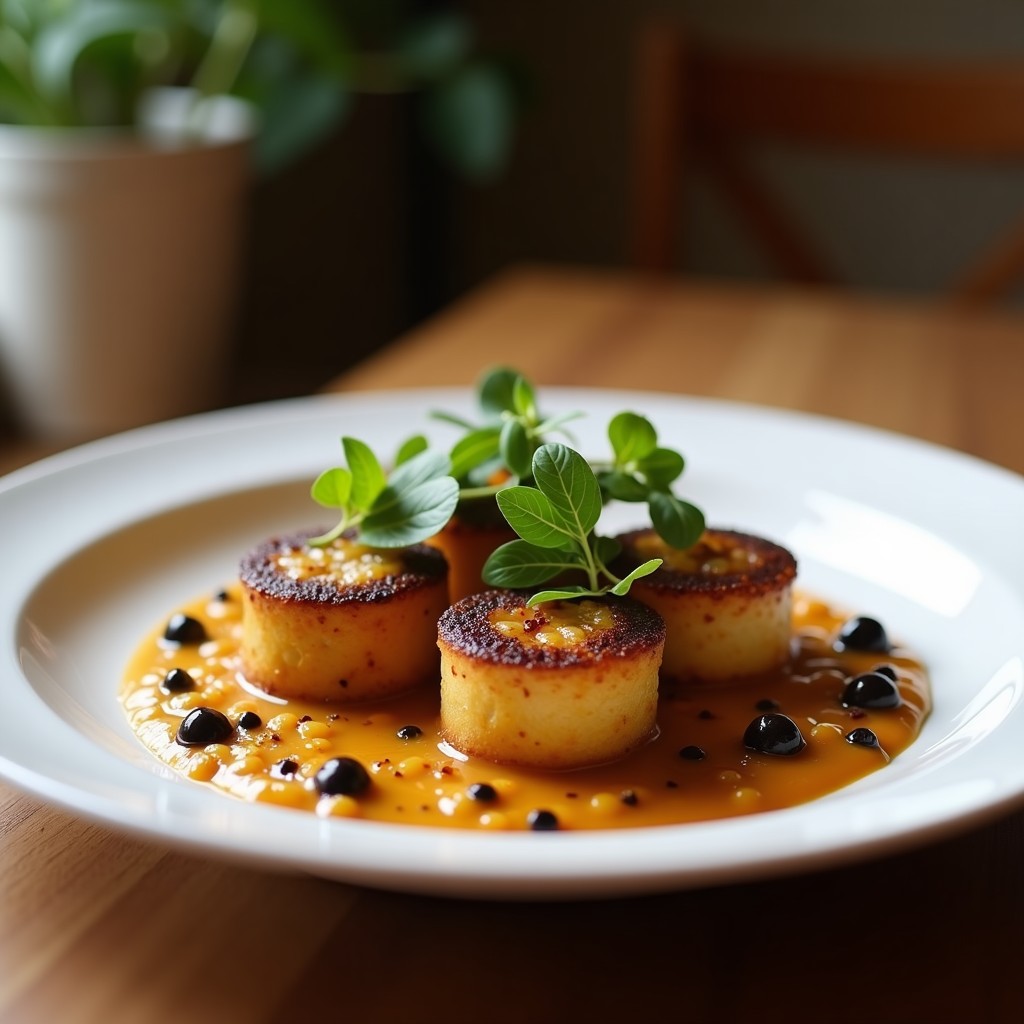 Tartaletas de aceituna negra y alcaparras con base de garbanzo en bandeja de madera, decoradas con perejil fresco y aceite de oliva virgen extra. Aperitivo mediterráneo sin horno crujiente y gourmet.