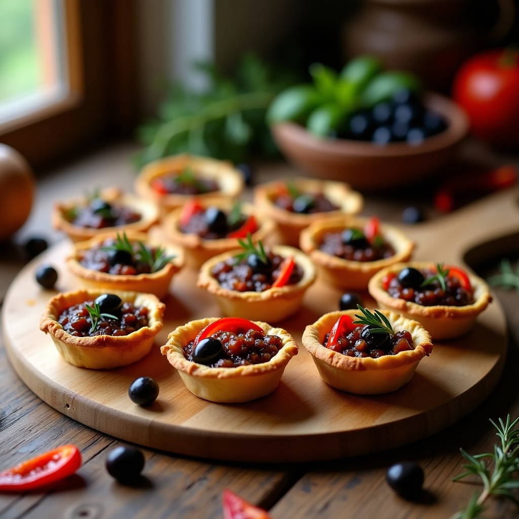 Tartaletas doradas de masa de almendra rellenas de una mezcla oscura de aceitunas Kalamata y pimiento asado, servidas en una bandeja de madera con tomillo fresco y un hilo de aceite de oliva, aperitivo griego sin gluten.