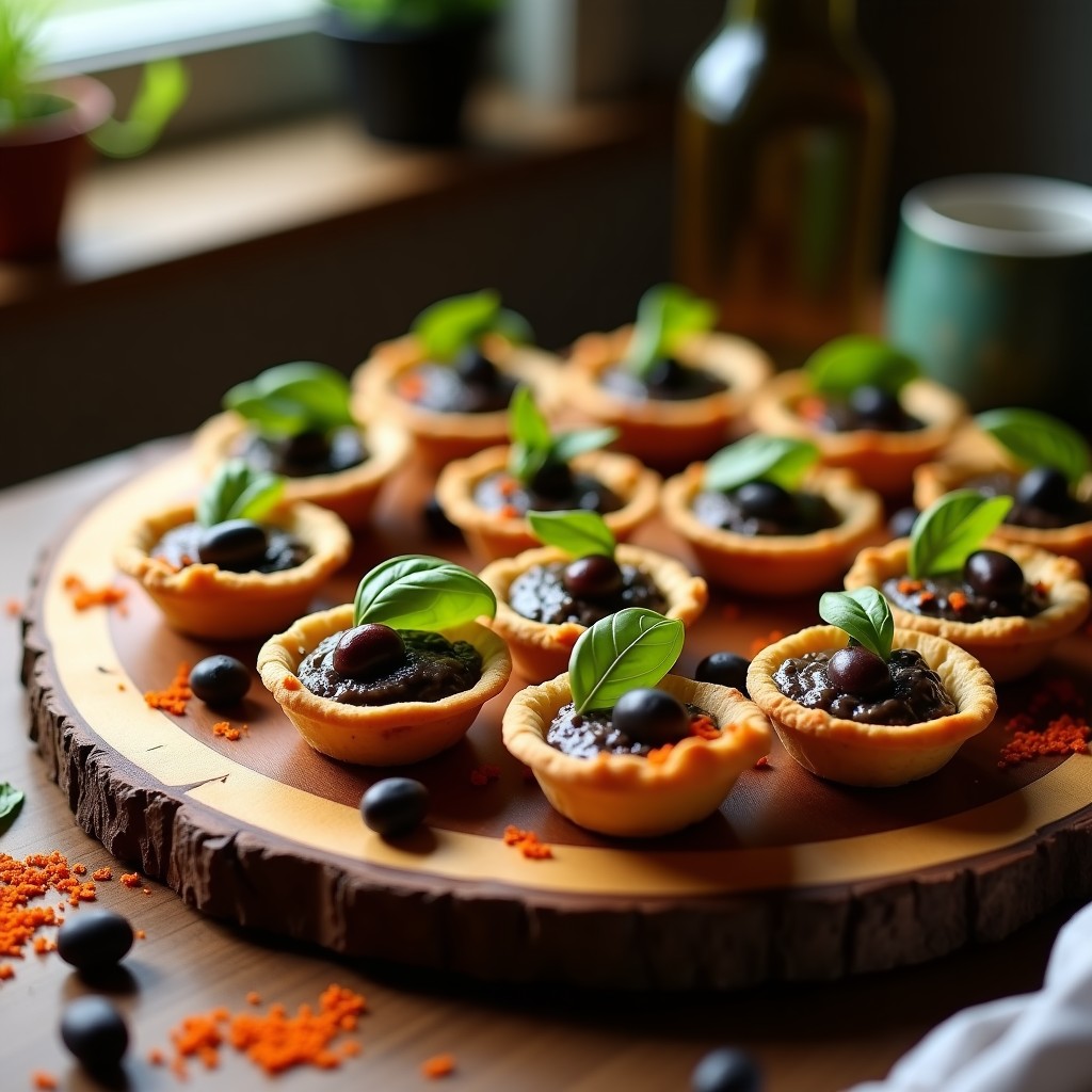 Tartaletas keto doradas con base de almendra, rellenas de crema de aceituna negra y espolvoreadas con pimentón de la Vera, servidas en bandeja de madera con hojas de albahaca.
