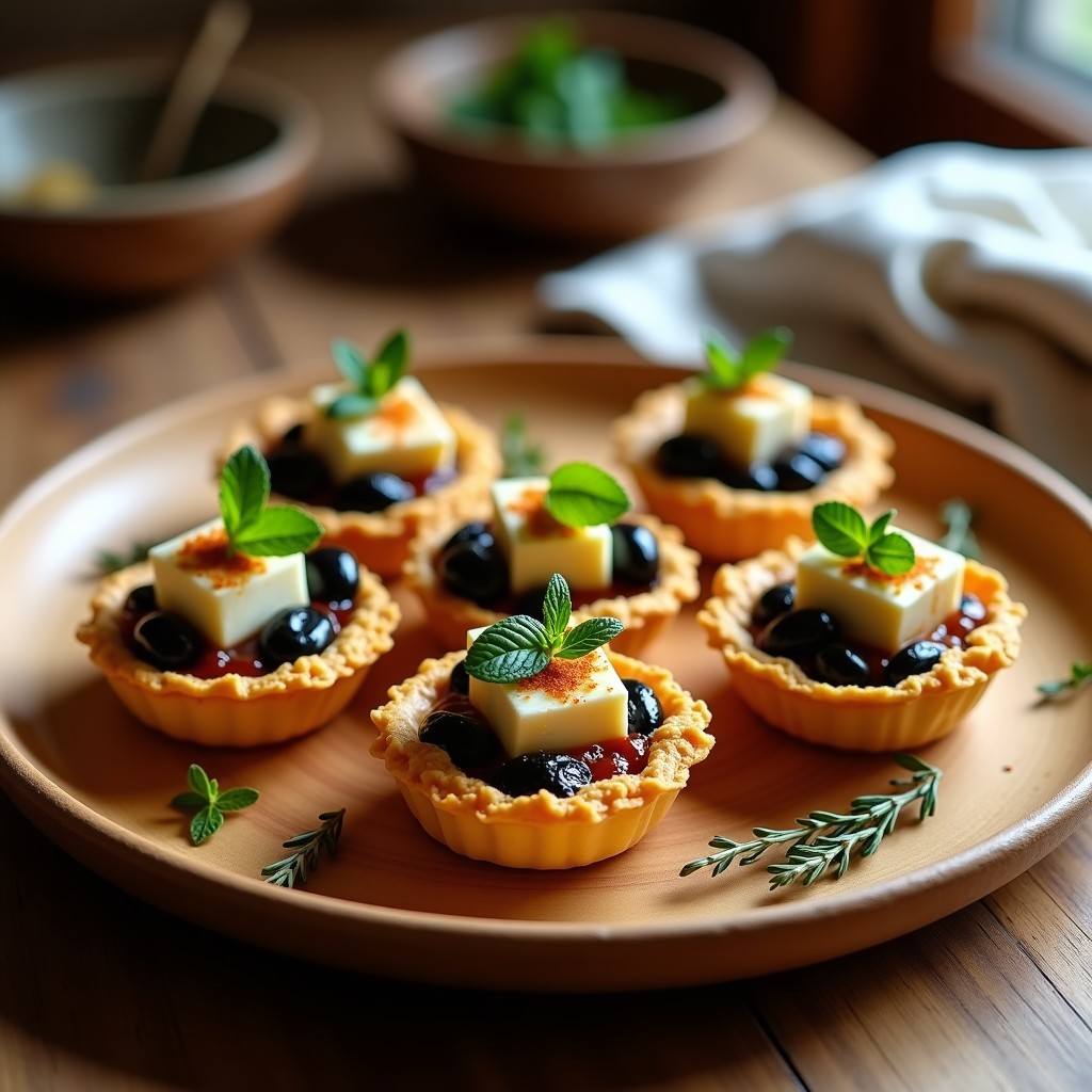 Tartaletas griegas sin horno con base crujiente de almendra y sésamo, rellenas de queso de cabra fresco, aceitunas negras de Kalamata y decoradas con miel de tomillo y hojas de menta sobre un plato de madera rústico.