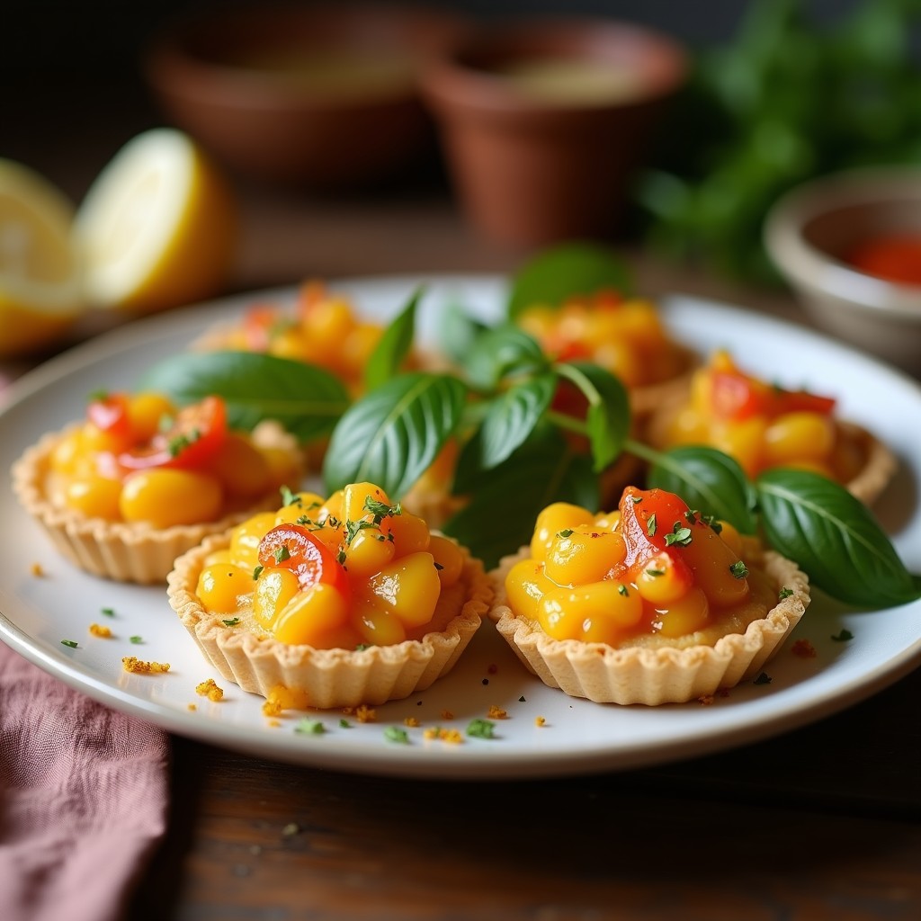 Tartaletas doradas y crujientes rellenas de aceitunas negras y queso vegano de castaña, servidas en una bandeja de madera con hojas de tomillo fresco, receta mediterránea en airfryer.