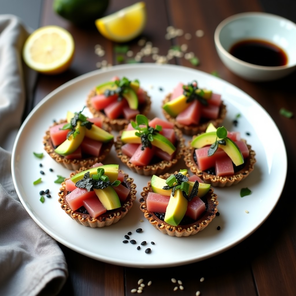 Tartaletas japonesas con base crujiente de sésamo negro y alga nori, rellenas de cubos de atún fresco marinado y aguacate cremoso, decoradas con cebollino, semillas de amapola y un toque de wasabi. Receta alta en omega-3.