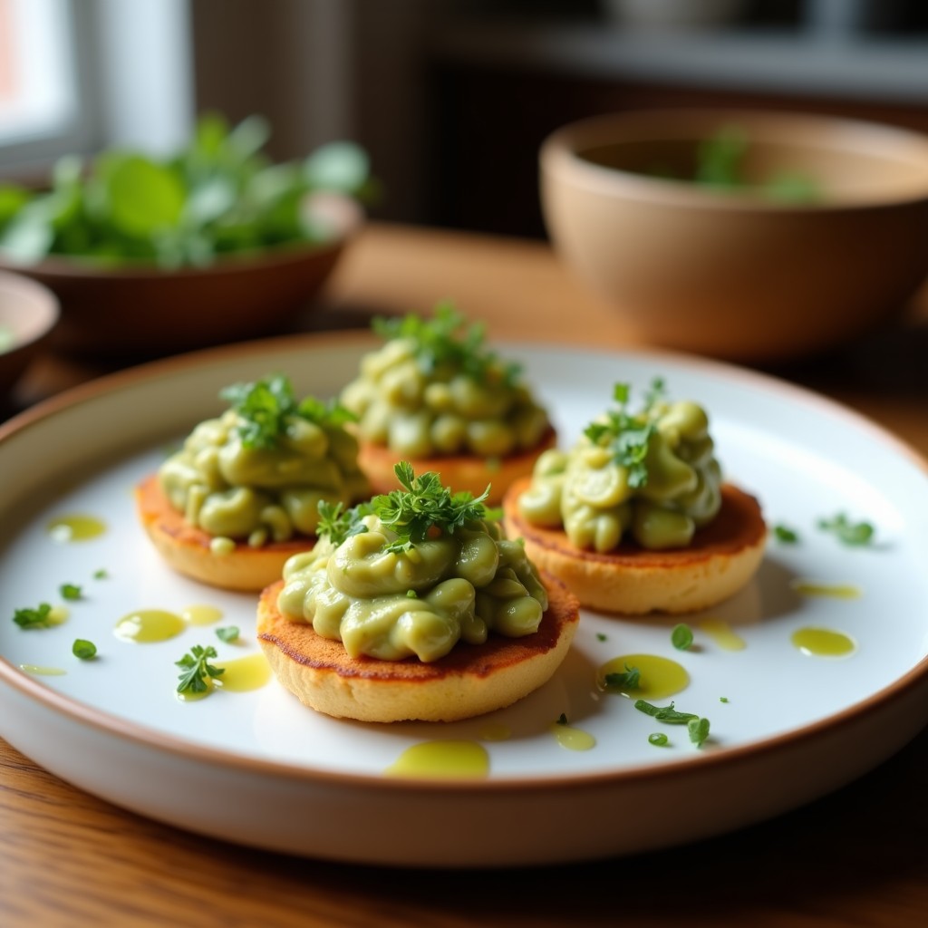 Tartaletas doradas sin masa en moldes de silicona, rellenas de aguacate cremoso, trozos de cangrejo y mayonesa de wasabi, decoradas con cebollino fresco sobre fondo rústico.
