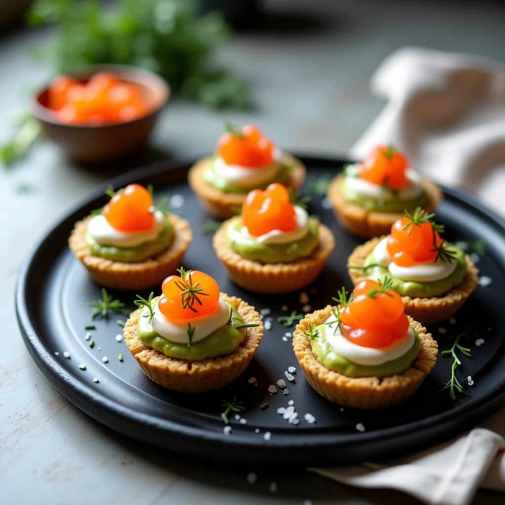Tartaletas elegantes de aguacate cremoso con huevas de salmón naranja brillante y crema de eneldo verde, decoradas con cebollino y microvegetales sobre una bandeja de madera rústica. Aperitivo escandinavo sin cocción.