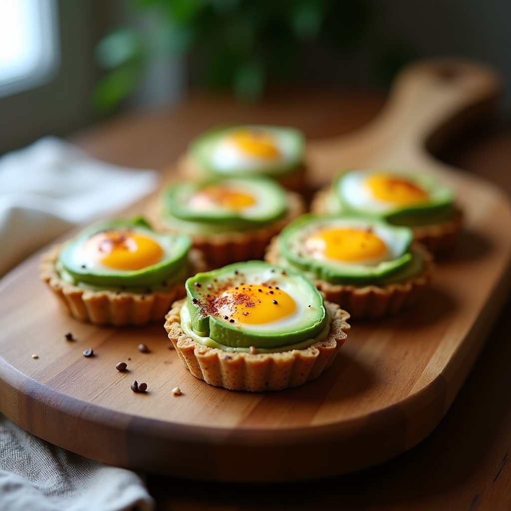 Tartaletas keto de aguacate y huevo con base crujiente de semillas de lino y sésamo, rellenas de crema de aguacate verde brillante, huevo al horno con yema líquida, queso feta desmenuzado y tomates cherry rojos. Aperitivo alta en proteína y bajo en carbohidratos, servido en molde metálico sobre fondo rústico.