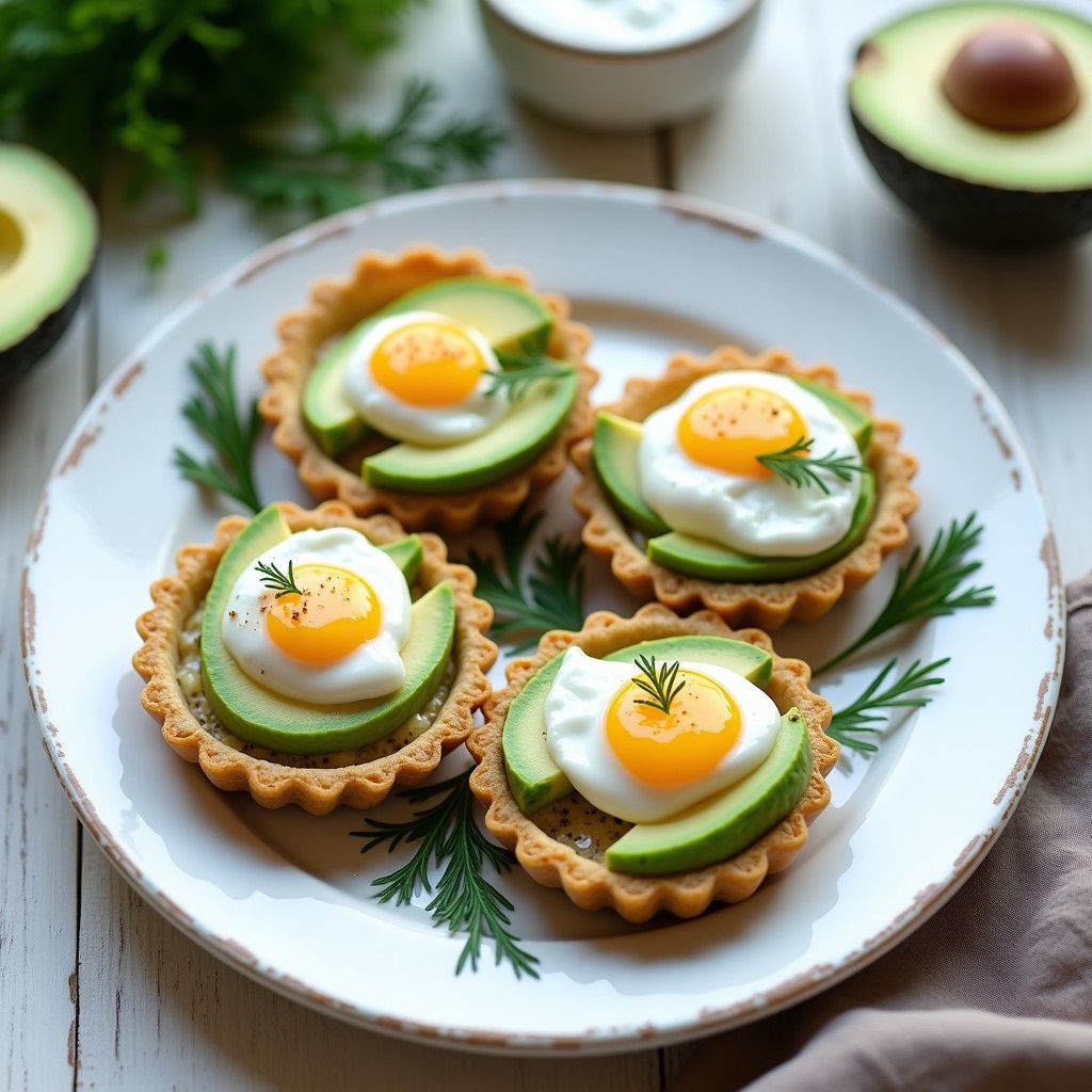 Tartaletas keto de aguacate cremoso con huevo pochado en el centro, coronadas con salsa espesa de yogur griego y decoradas con semillas de amapola, sobre un plato blanco con fondos de aguacate y hierbas frescas. Receta perfecta para brunch.