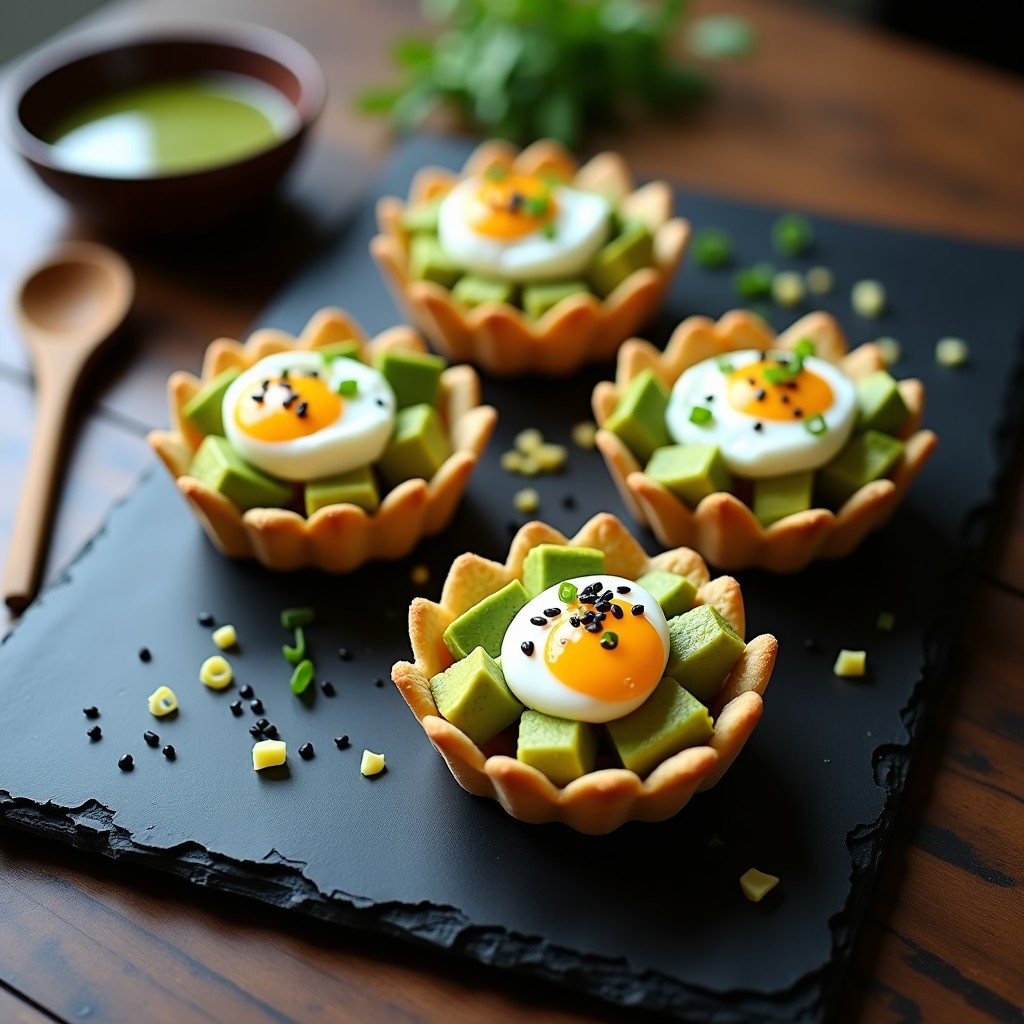 Tartaletas de arroz inflado crujientes rellenas de aguacate cremoso y medio huevo poché, coronadas con vinagreta de wasabi, semillas de sésamo negro y blanco, cebollino picado y zest de limón. Plato japonés elegante y colorido sobre fondo rústico.