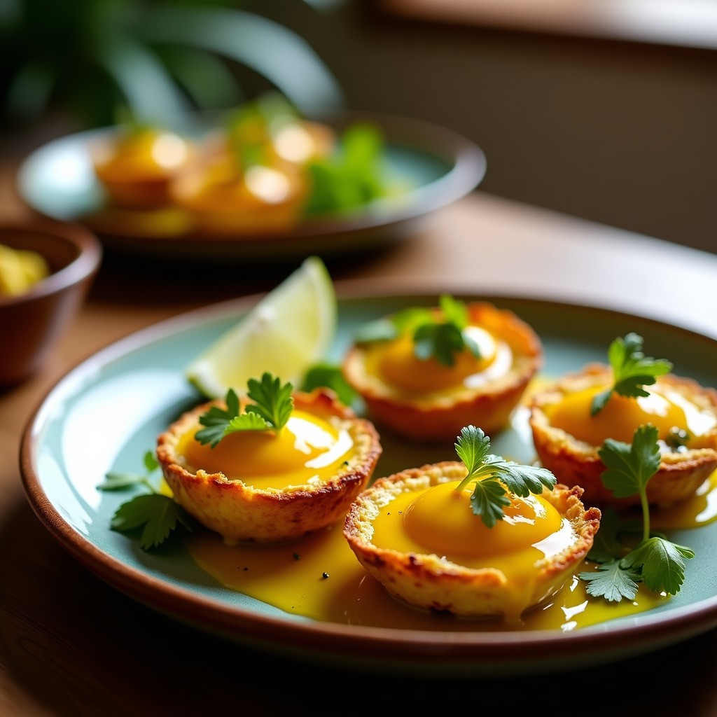 Tartaletas crujientes de aguacate rellenas de huevos escabechados en salsa amarilla peruana, servidas en plato de cerámica con hierbas frescas y ají limo al lado, estilo gourmet.