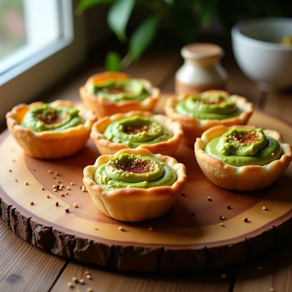 Tartaletas doradas y crujientes rellenas de hummus cremoso y aguacate fresco, espolvoreadas con semillas de sésamo y pimentón ahumado, servidas en una bandeja de madera rústica.