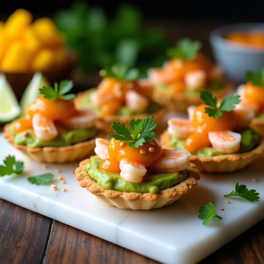 Tartaletas doradas rellenas de aguacate cremoso, langostinos rosados y salsa de mango brillante, decoradas con cilantro y semillas de sésamo, receta tailandesa en Thermomix.