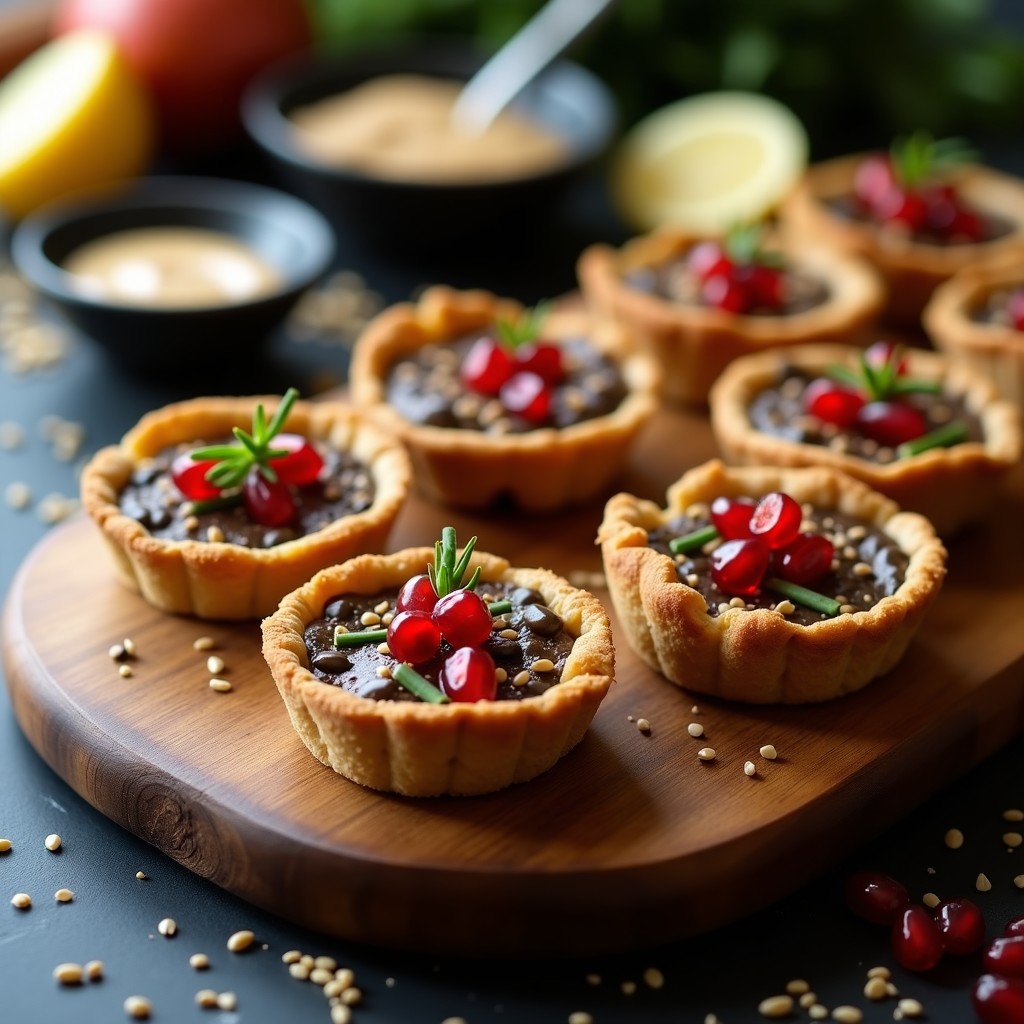 Tartaletas veganas gourmet con puré cremoso de berenjena ahumada y miso, sobre bases crujientes de semillas de sésamo y lino, decoradas con granada y cebollino fresco.