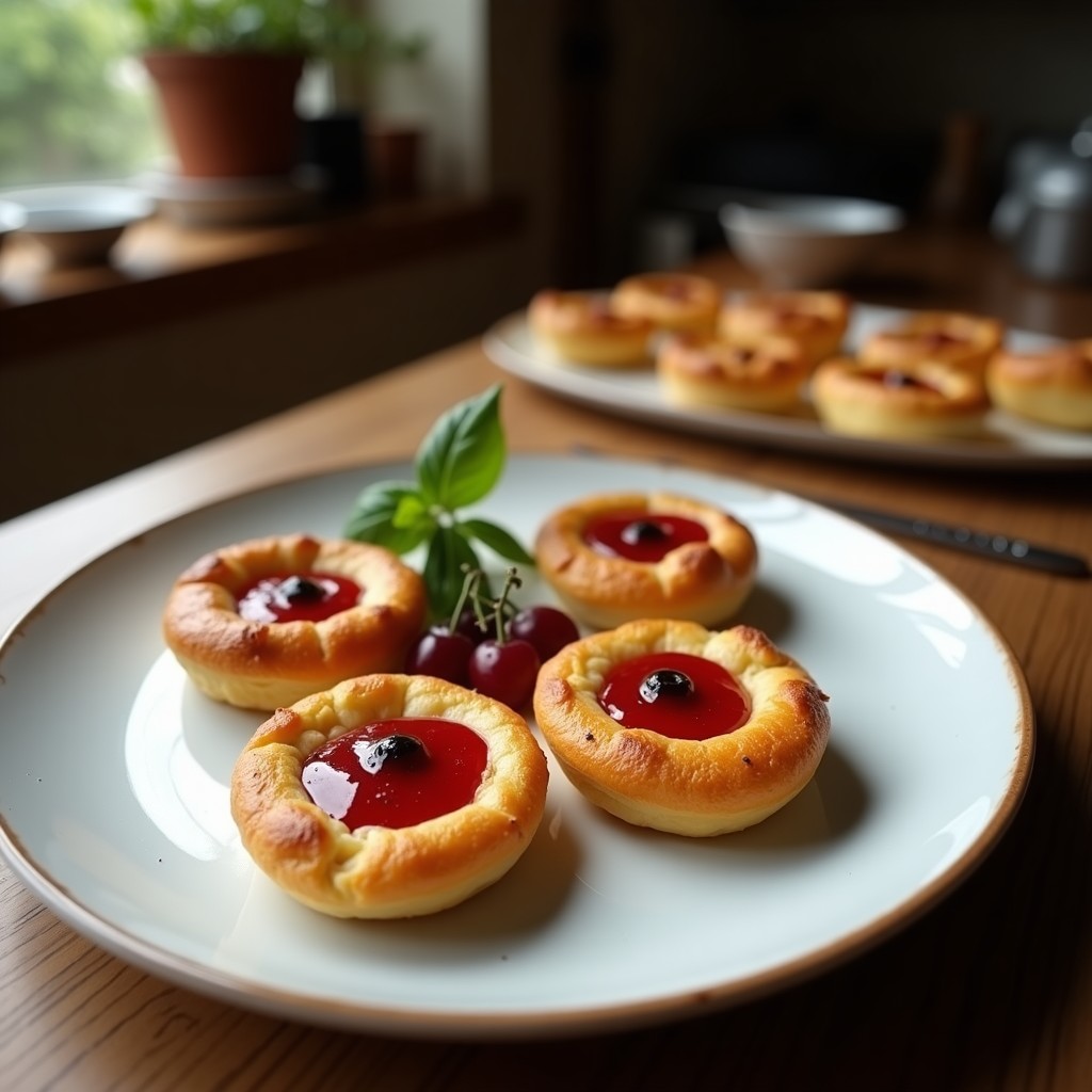 Tartaletas de berenjena asada rellenas de parmesano gratinado, decoradas con tomates cherry y albahaca fresca, servidas en plato de piedra con fondo de madera rústica.