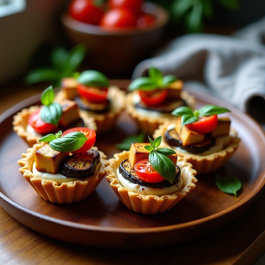 Tartaletas doradas rellenas de tofu marinado ahumado, rodajas de berenjena asada, feta de anacardos cremosa y tomates cherry, decoradas con albahaca fresca sobre un plato de madera rústico.