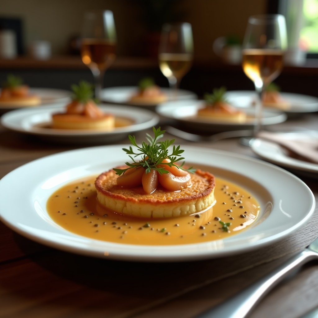 Plato blanco con seis tartaletas ahumadas de calamar encurtido, crema de queso espolvoreada con pimentón ahumado y eneldo fresco, sobre fondo rústico de madera.