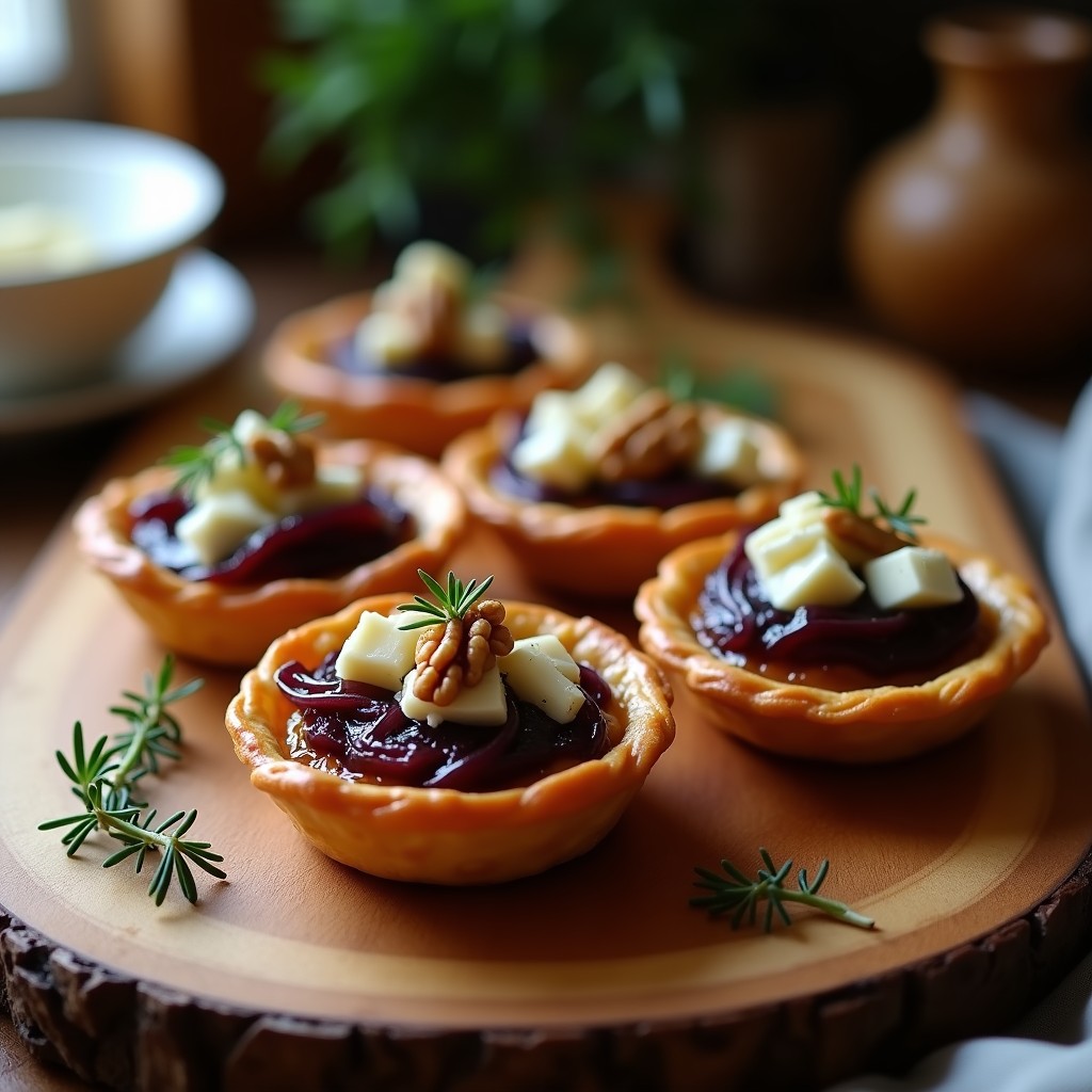 Tartaletas doradas y crujientes rellenas de cebolla caramelizada morada, queso azul desmenuzado y nueces tostadas, servidas en bandeja de madera con hoja de tomillo como decoración, receta gourmet en airfryer.